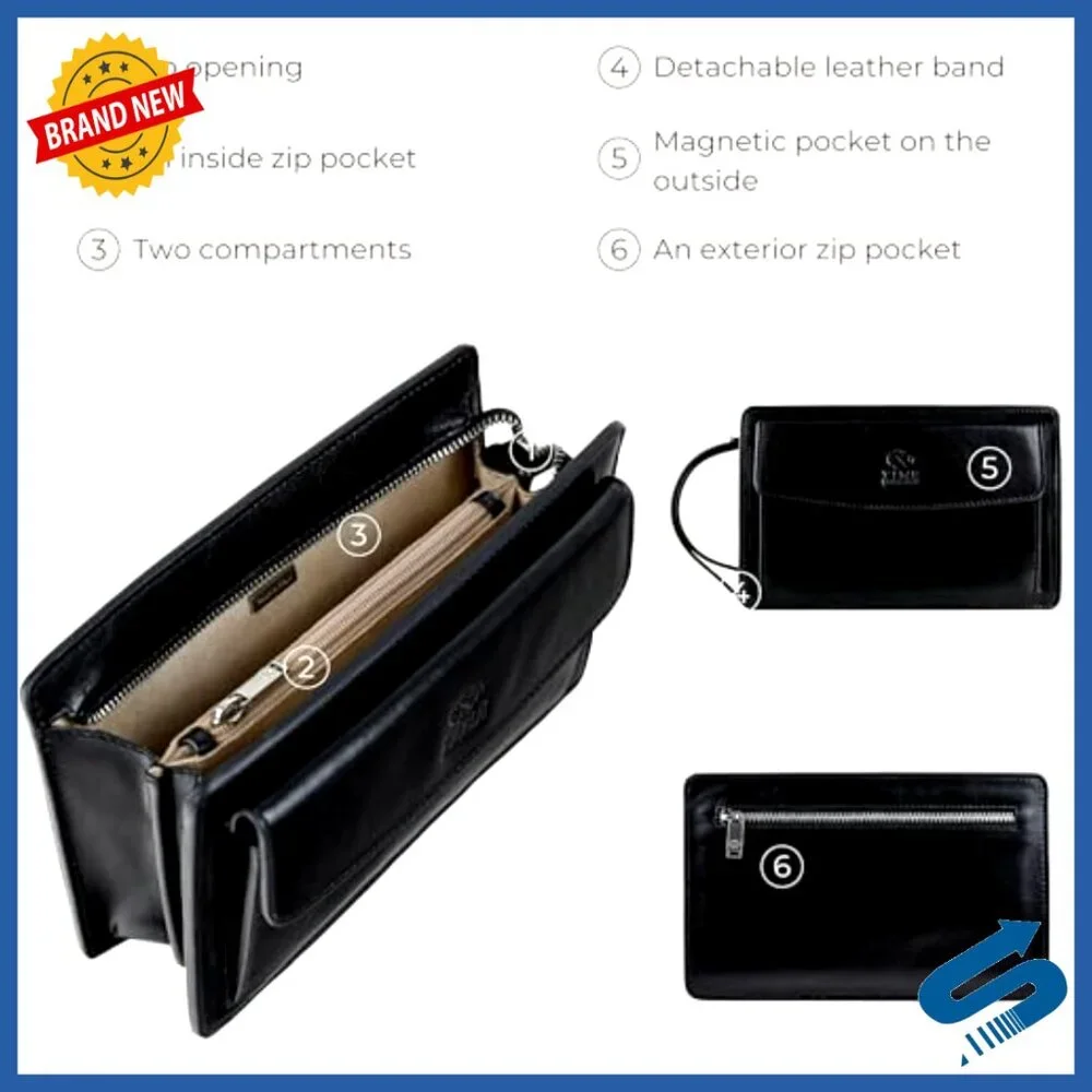 Full-Grain Leather Clutch with Wrist Strap, Detachable Band, Multiple Pockets